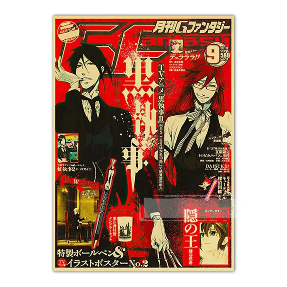 A vertical poster featuring characters from JoJo, Jujutsu Kaisen, and Demon Slayer in a red and black design.