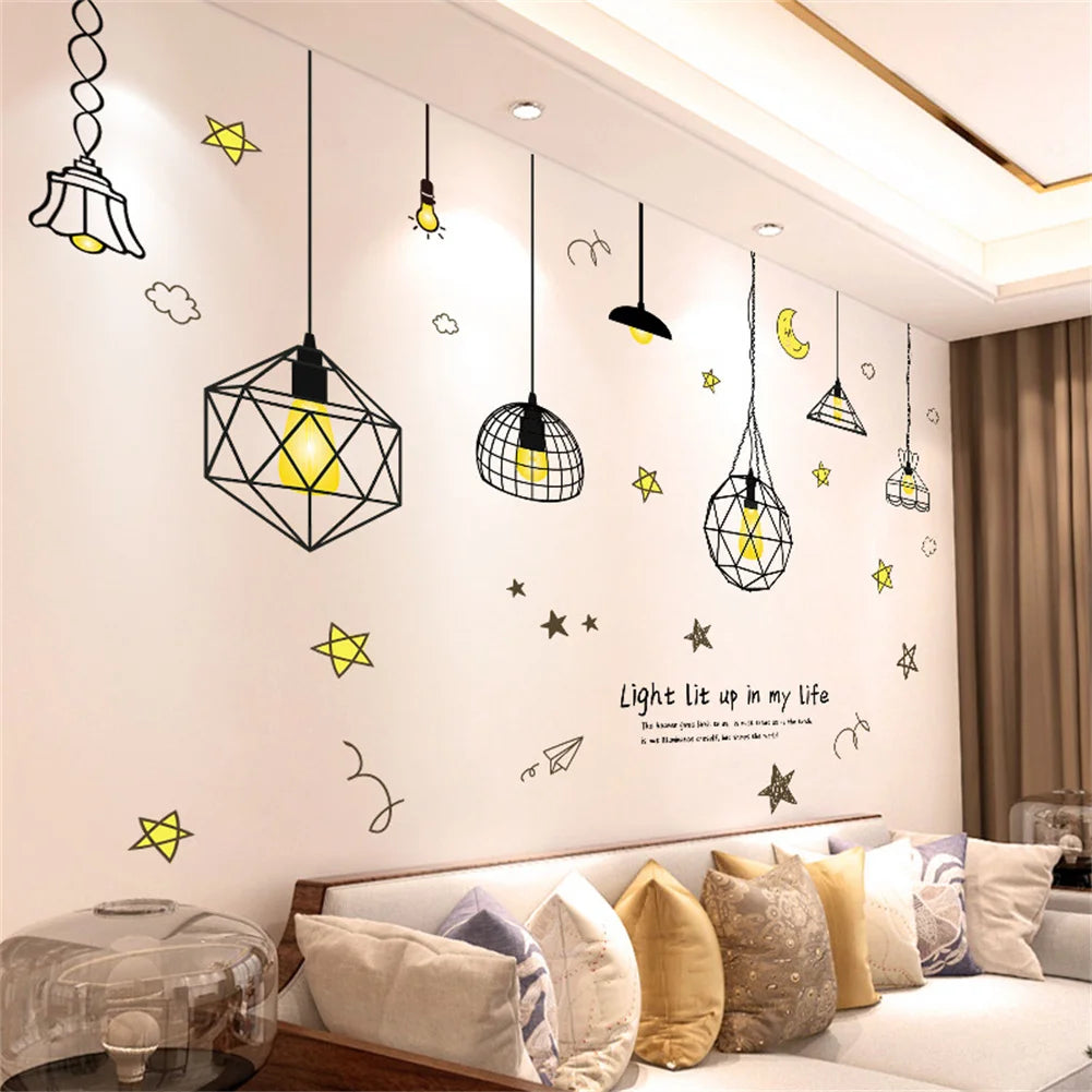 A modern living room wall decorated with various geometric and pendant light fixtures