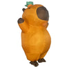 An inflatable orange capybara costume for adults with a green hat.