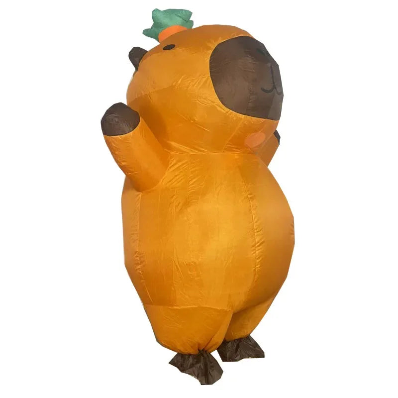An inflatable orange capybara costume for adults with a green hat.