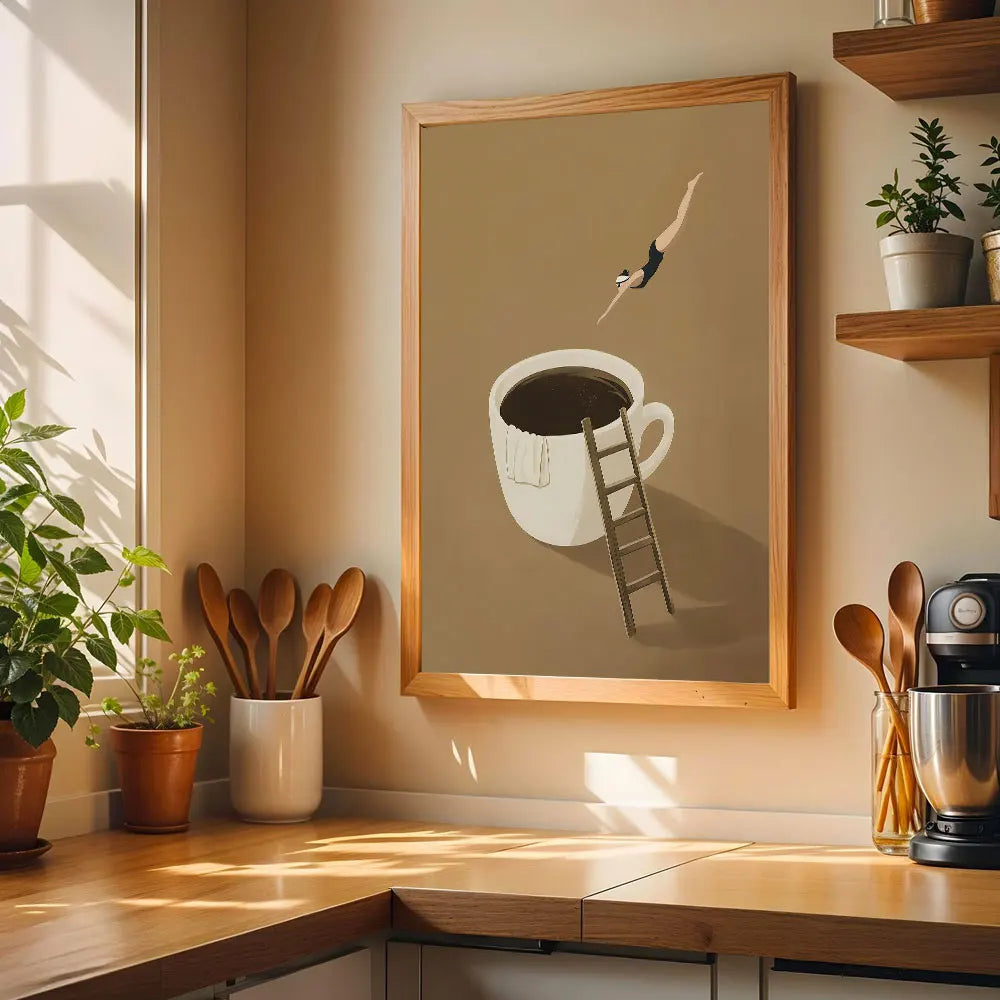 A framed canvas print depicting a silhouette of a person climbing a ladder toward a cup of coffee against a neutral backgroun
