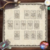A framed card deck with numbered sections for a Celtic Cross reading, set against a dark wooden background.
