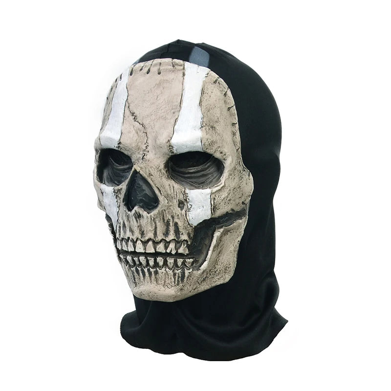 A realistic horror ghost skull latex mask with weathered bone texture and white stripes.