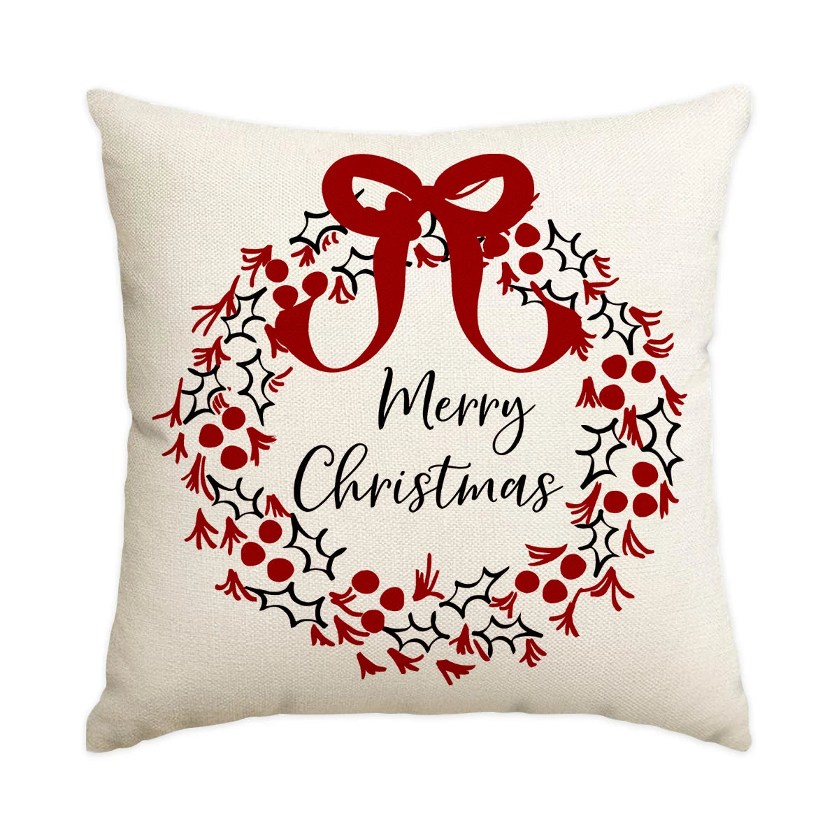A cream-colored cushion cover featuring a red bow and wreath design with the text Merry Christmas.