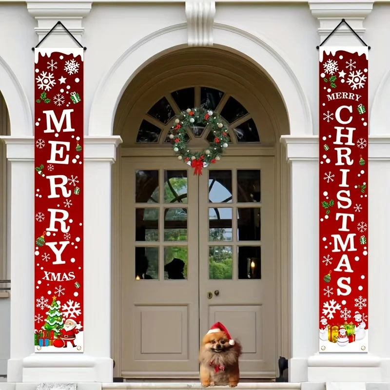 Two vertical red Christmas banners decorated with snowflakes and greenery flanking a beige arched doorway.