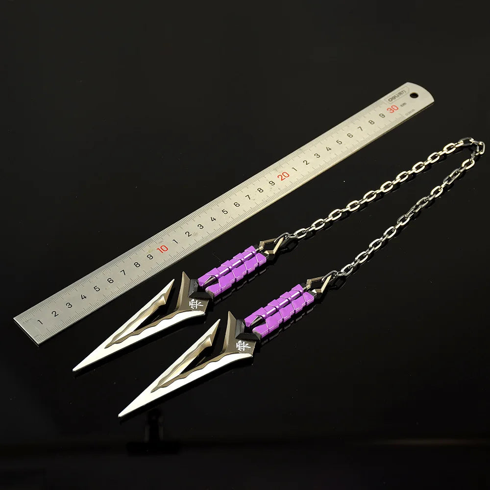 A silver katana replica with purple accents is displayed next to a ruler.