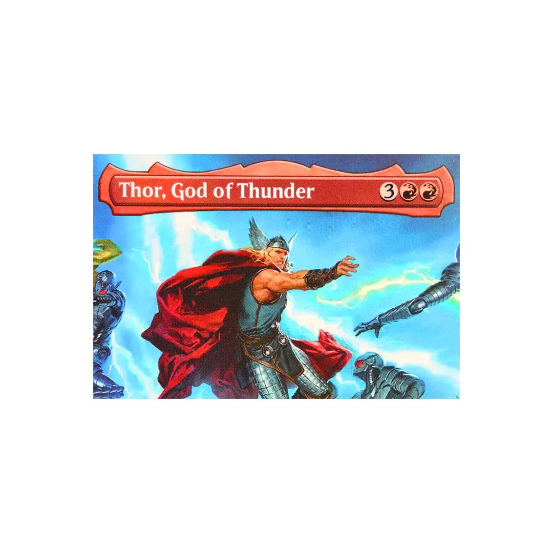 A fantasy trading card featuring Thor, God of Thunder, in a dynamic pose with lightning effects.