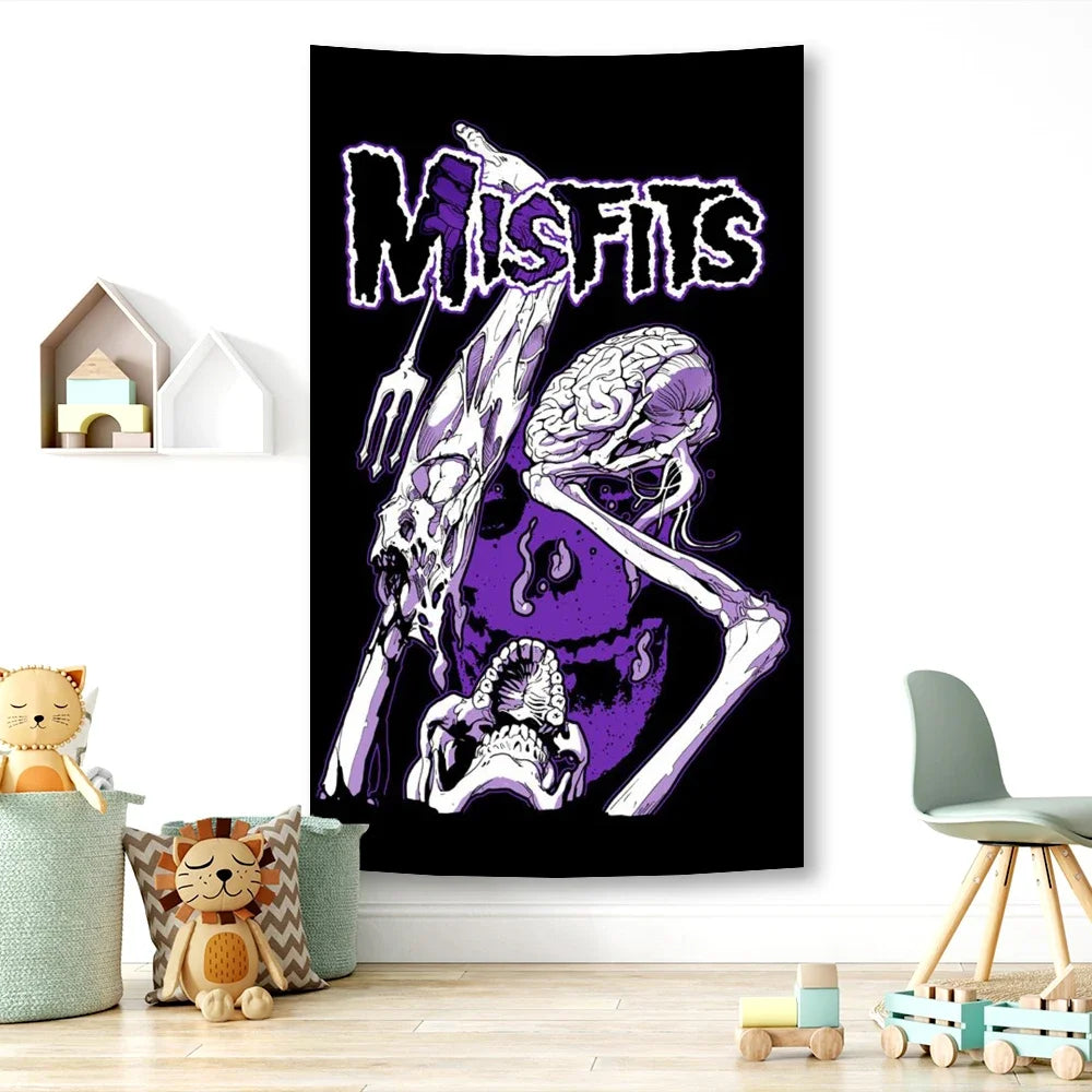 A black poster featuring the band name MISFITS in purple text with a skull design.