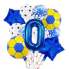 A set of blue and yellow football shaped helium foil balloons for birthday party decorations