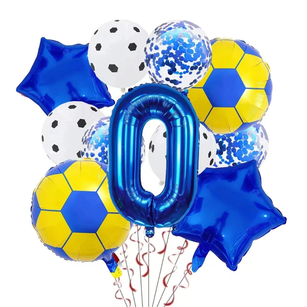 A set of blue and yellow football shaped helium foil balloons for birthday party decorations