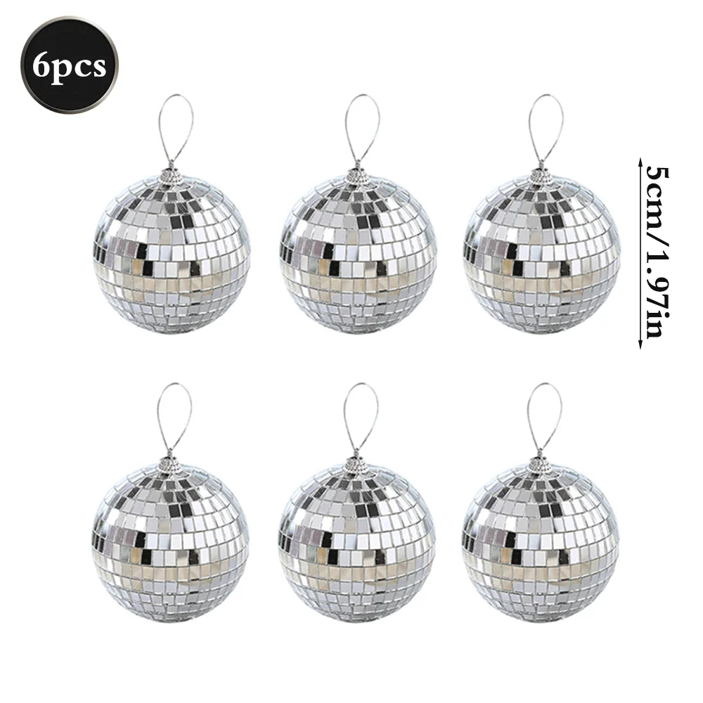 Six pieces of silver mirror balls with hanging hooks.