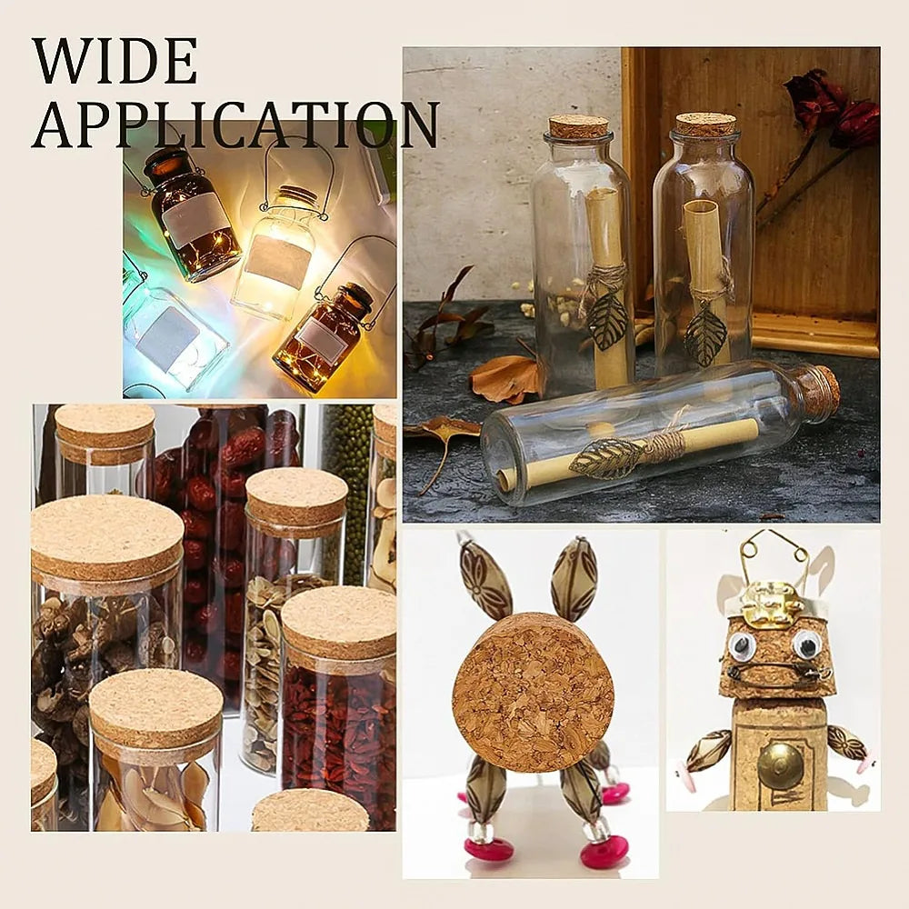 Various adhesive cork circles used for crafting and decoration, including corked glass bottles and wooden items.