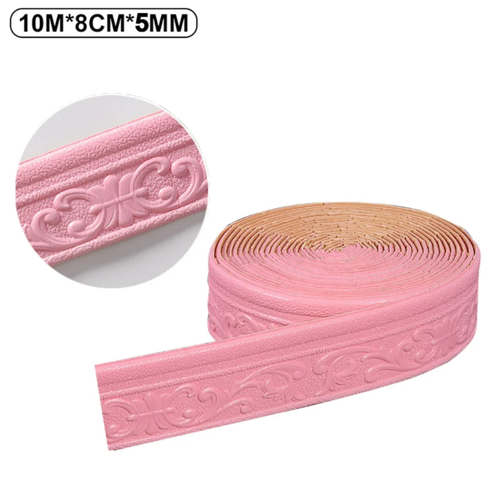Pink 3D self-adhesive wall trim border for home decor shown in a rolled and unrolled form.