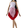 A handmade doll dress gown featuring a white top and a pink patterned skirt with a red ruffled trim.