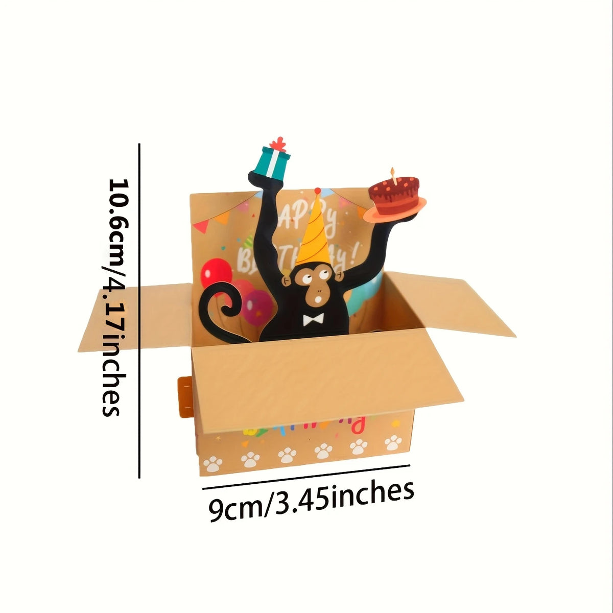 A humorous 3D pop-up birthday card featuring a black silhouette with balloons and confetti.