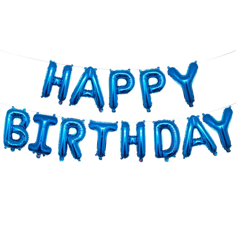 A string of blue foil balloons spelling out HAPPY BIRTHDAY