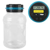 A clear glass jar with a black lid and an attached digital coin saving device displaying $235.75