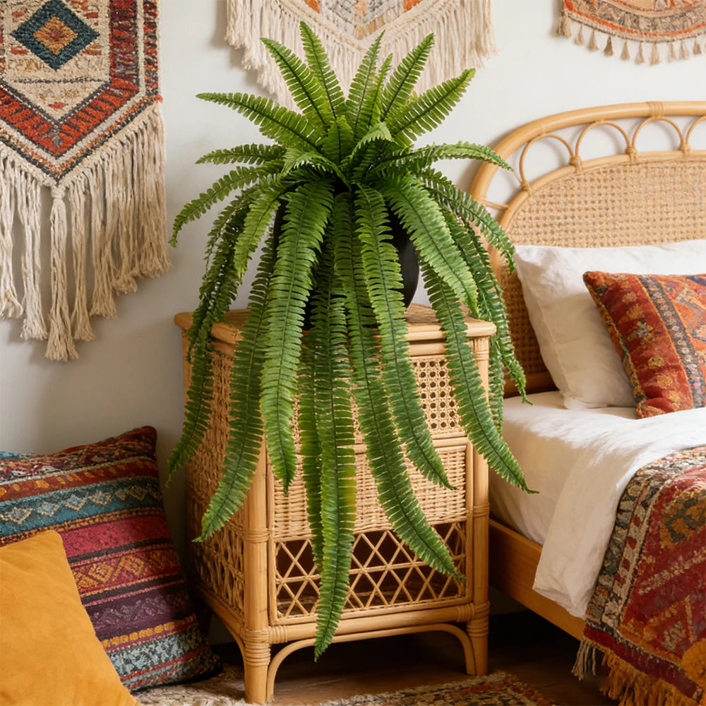 A large artificial Persian fern hanging vine in a woven wooden planter sits on a bed next to a white linen bed.