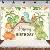 A watercolor illustration of various cartoon dinosaurs in a lush green and earthy woodland theme for a birthday party backdro