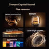 Marketing slide showing five reasons to choose a crystal sound speaker with features like stereo effect, glass appearance, an