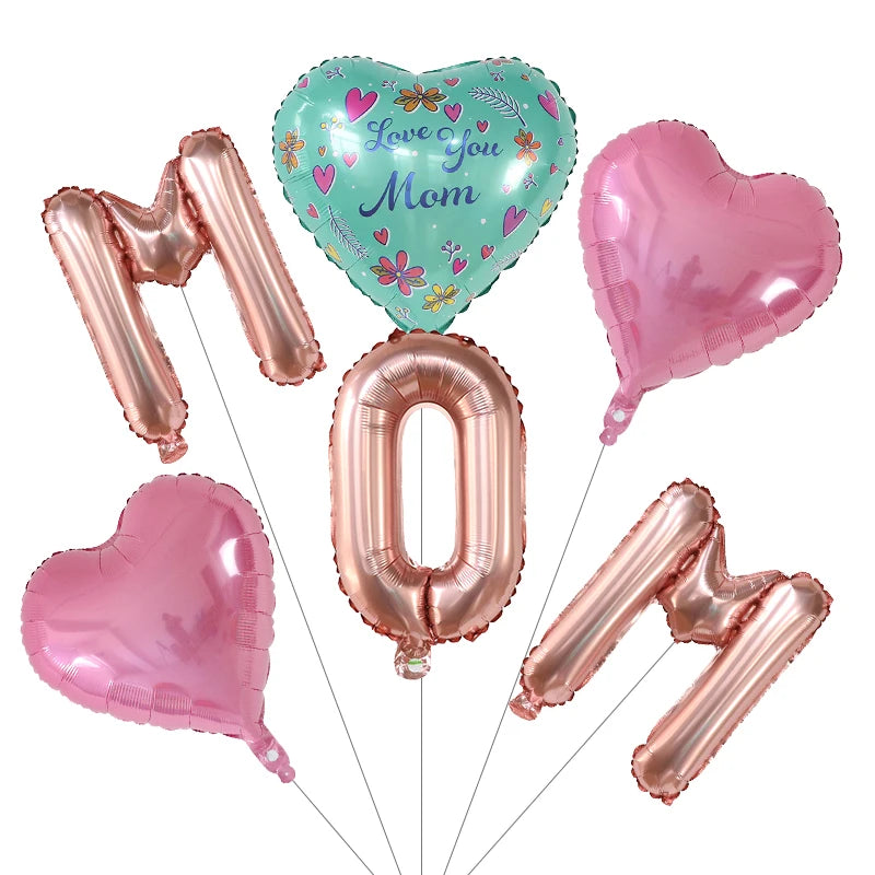 A set of six foil balloons including a heart-shaped balloon, a number zero balloon, and three letter balloons in pink and ros