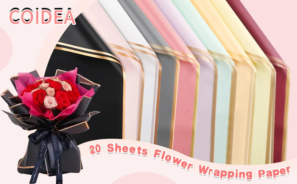 A stack of 20 sheets of flower wrapping paper with gold edges in various pastel and dark colors.