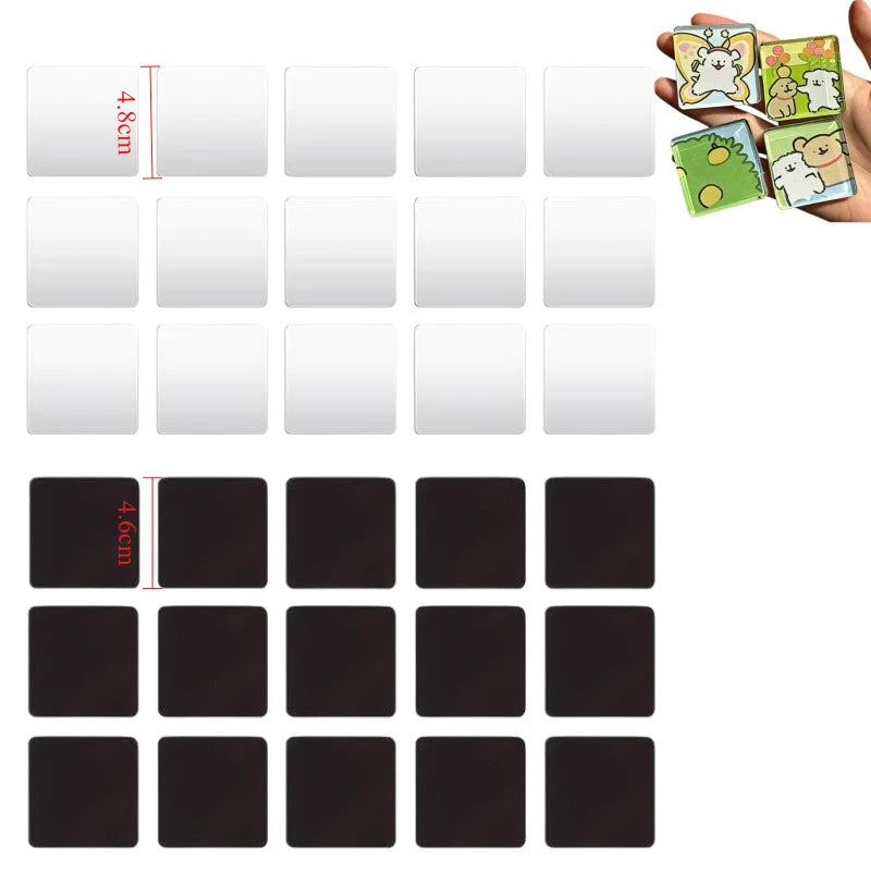 A set of clear acrylic fridge magnets and black magnetic tiles with adhesive backing.