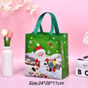 A green non-woven gift tote bag featuring a festive Christmas design with Santa and holiday elements, next to a white flower 