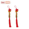 Two red traditional Chinese knot pendants featuring a wooden gourd and copper coins.