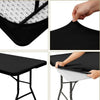 A black stretch spandex tablecloth is shown being placed on a folding table.