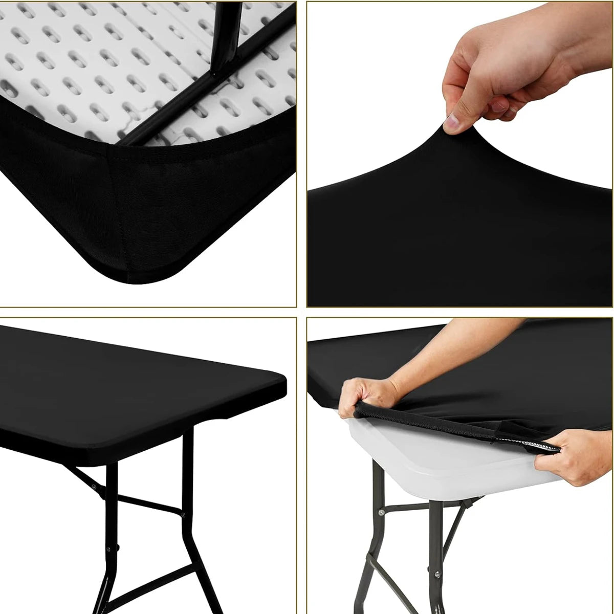 A black stretch spandex tablecloth is shown being placed on a folding table.