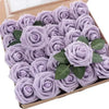 A box filled with lifelike purple foam roses used for wedding and home décor.