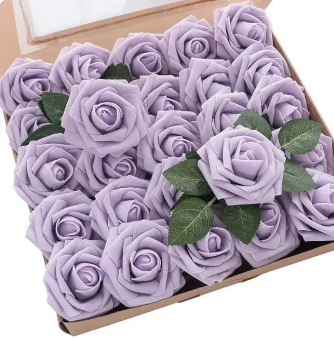 A box filled with lifelike purple foam roses used for wedding and home décor.