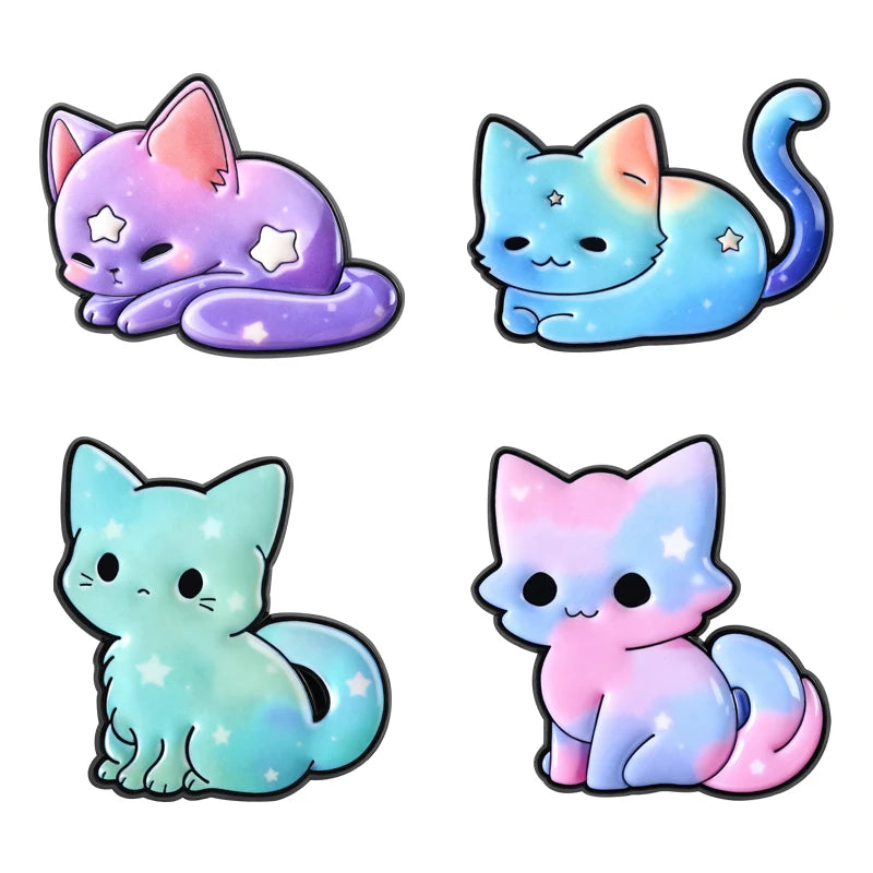A set of four enamel pins featuring cartoon cats in various colors and styles.
