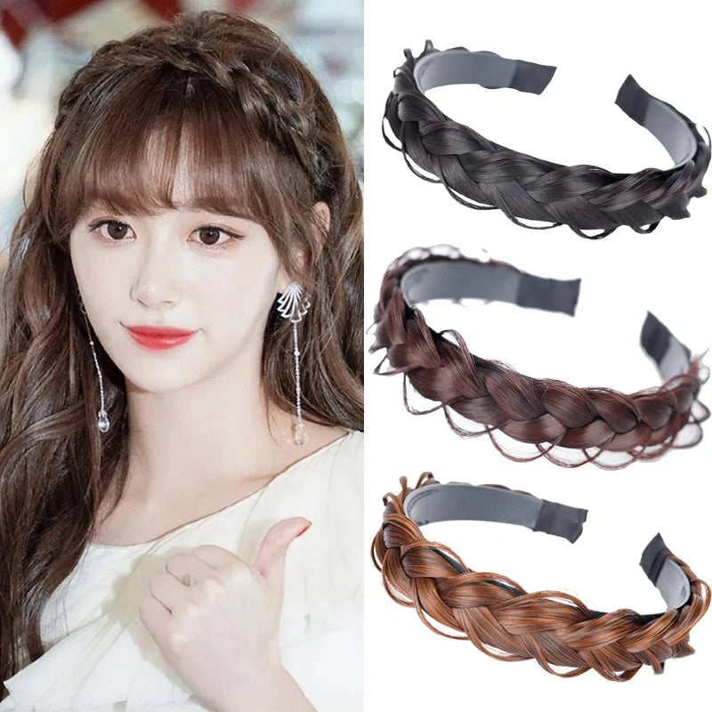 A close-up of a woman modeling dark brown braided hair bands for fashion and party