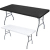 Black and white stretch elastic tablecloth covers displayed side by side.