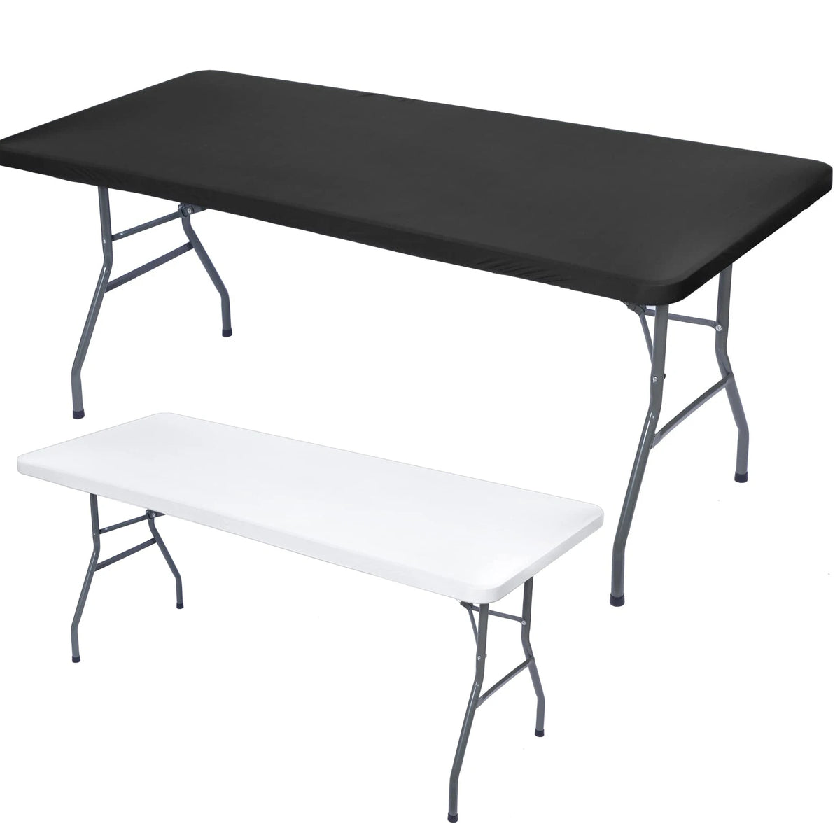 Black and white stretch elastic tablecloth covers displayed side by side.