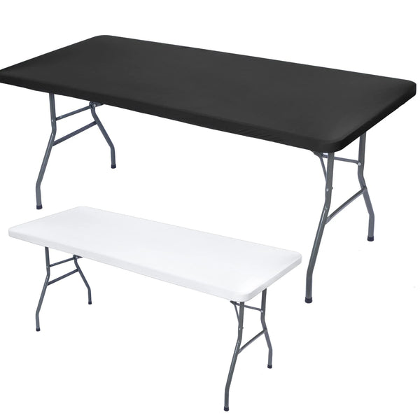 Black and white stretch elastic tablecloth covers displayed side by side.