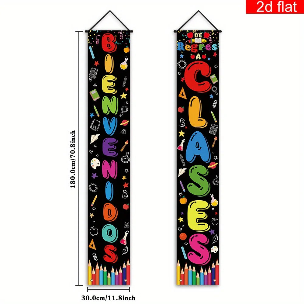 Vertikales schwarze Wandteppichbanner mit spanischem Thema Text Bienvenidos clases