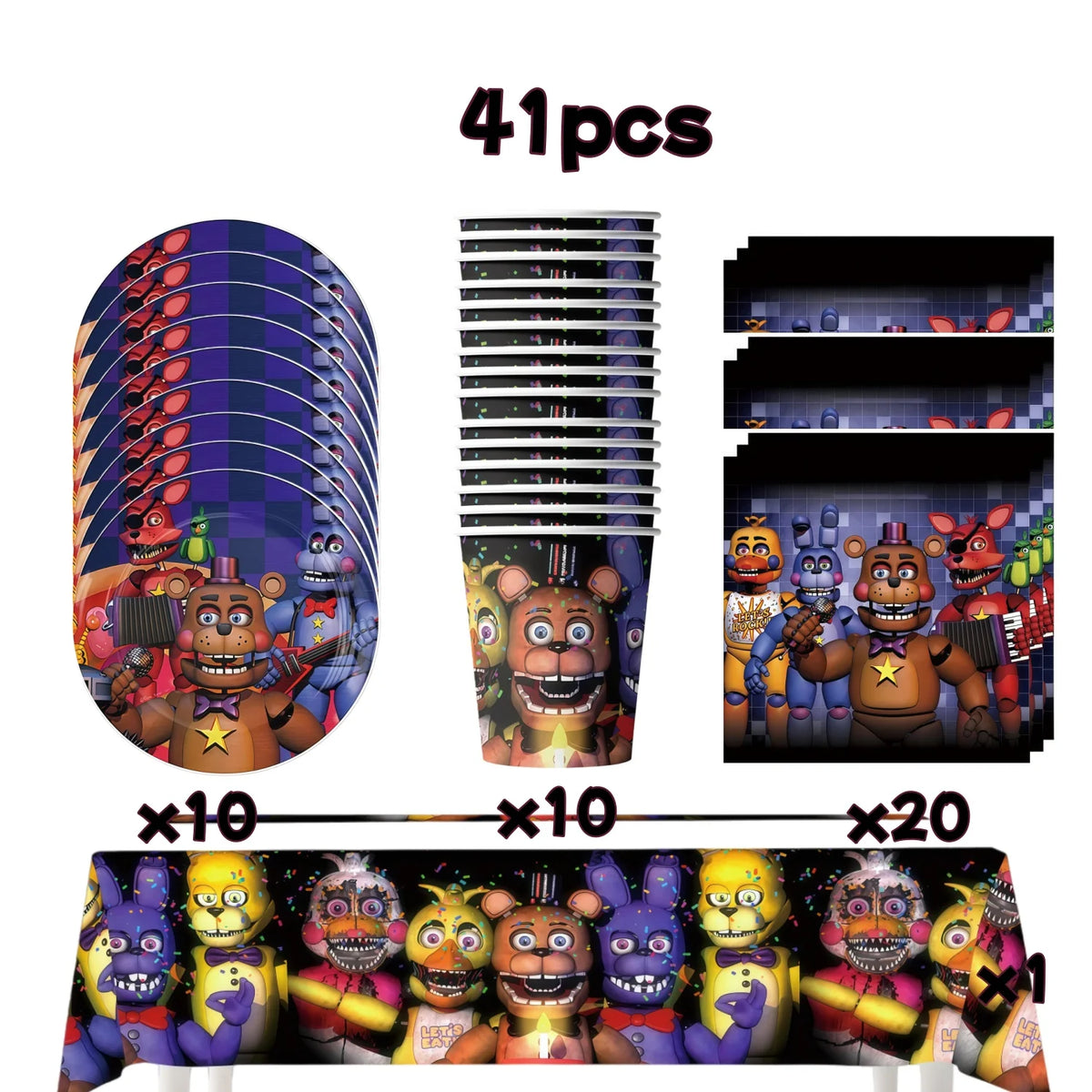 A kit of 41 pieces of Five Nights at Freddy's themed birthday party supplies including various animatronic figures and decora