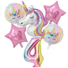 A set of pink and iridescent balloons featuring a unicorn design, including star shapes and the number four.