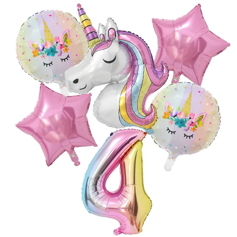 A set of pink and iridescent balloons featuring a unicorn design, including star shapes and the number four.