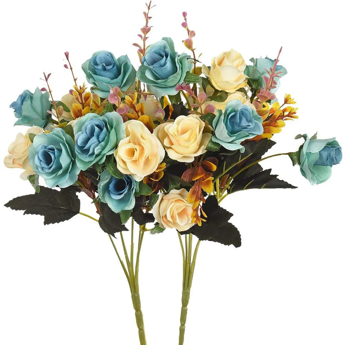 A bouquet of realistic silk rose flowers featuring blue, yellow, and muted pink tones with dark green leaves.