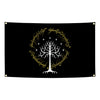 Black banner featuring a white stylized tree design surrounded by ornate script.