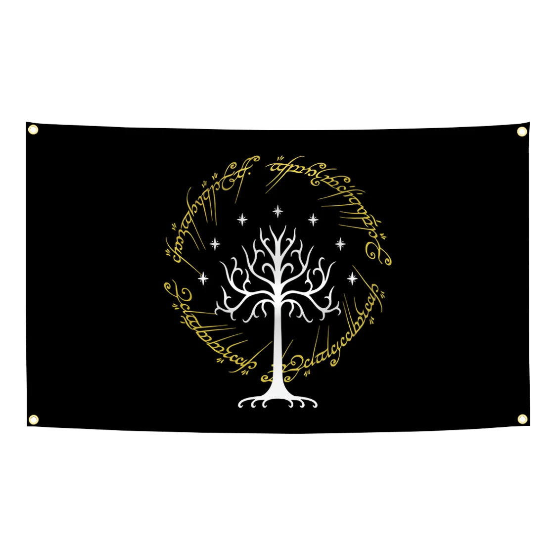 Black banner featuring a white stylized tree design surrounded by ornate script.