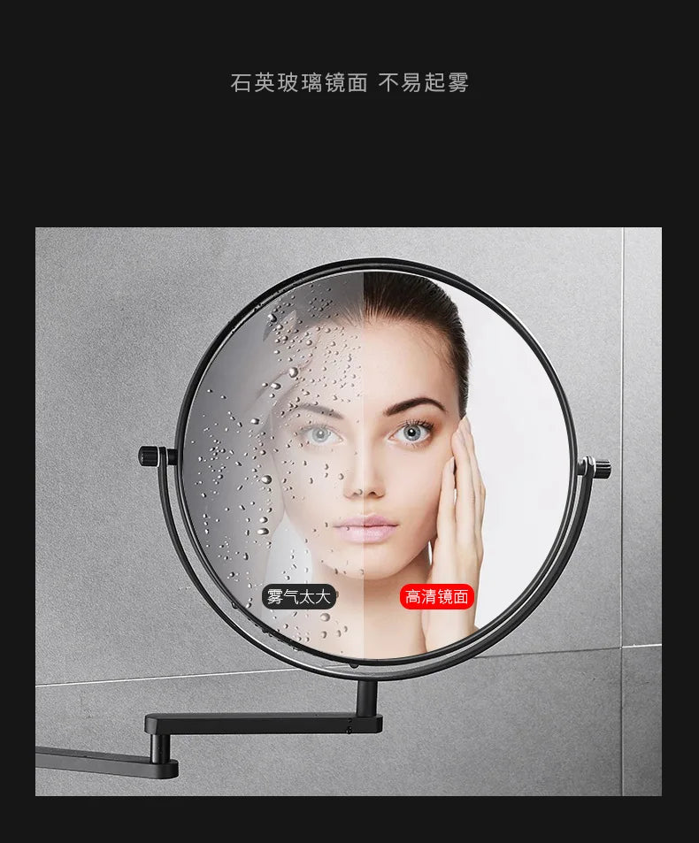 A round folding double-sided wall mirror with telescopic arms showing a close-up of a woman's face.