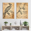 Two framed canvas wall art pieces featuring detailed illustrations of an owl and a dragon in sepia tones