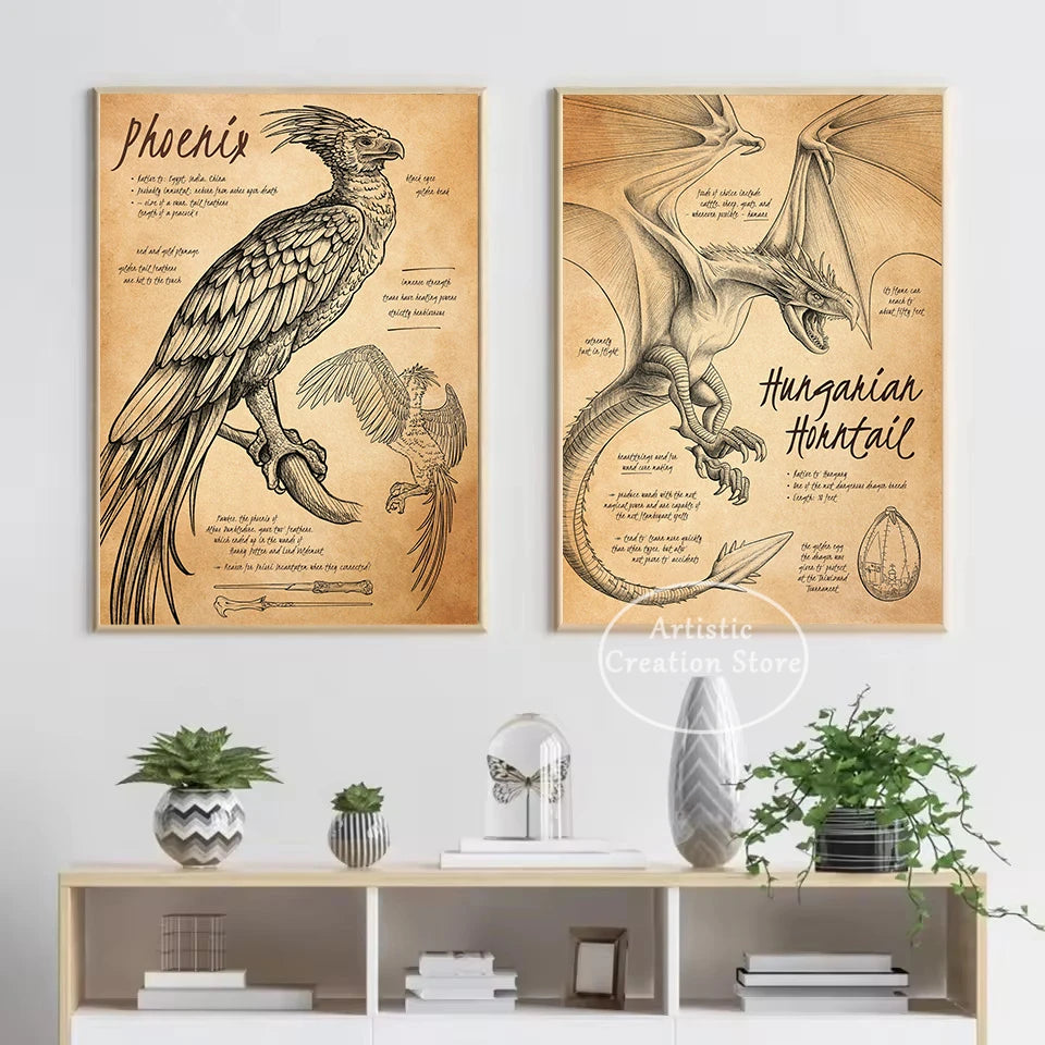 Two framed canvas wall art pieces featuring detailed illustrations of an owl and a dragon in sepia tones