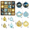 A collection of festive Christmas ball ornaments in various colors and finishes, including gold, silver, blue, and iridescent