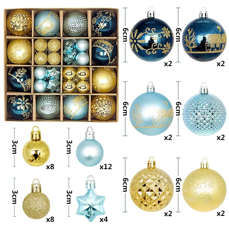 A collection of festive Christmas ball ornaments in various colors and finishes, including gold, silver, blue, and iridescent